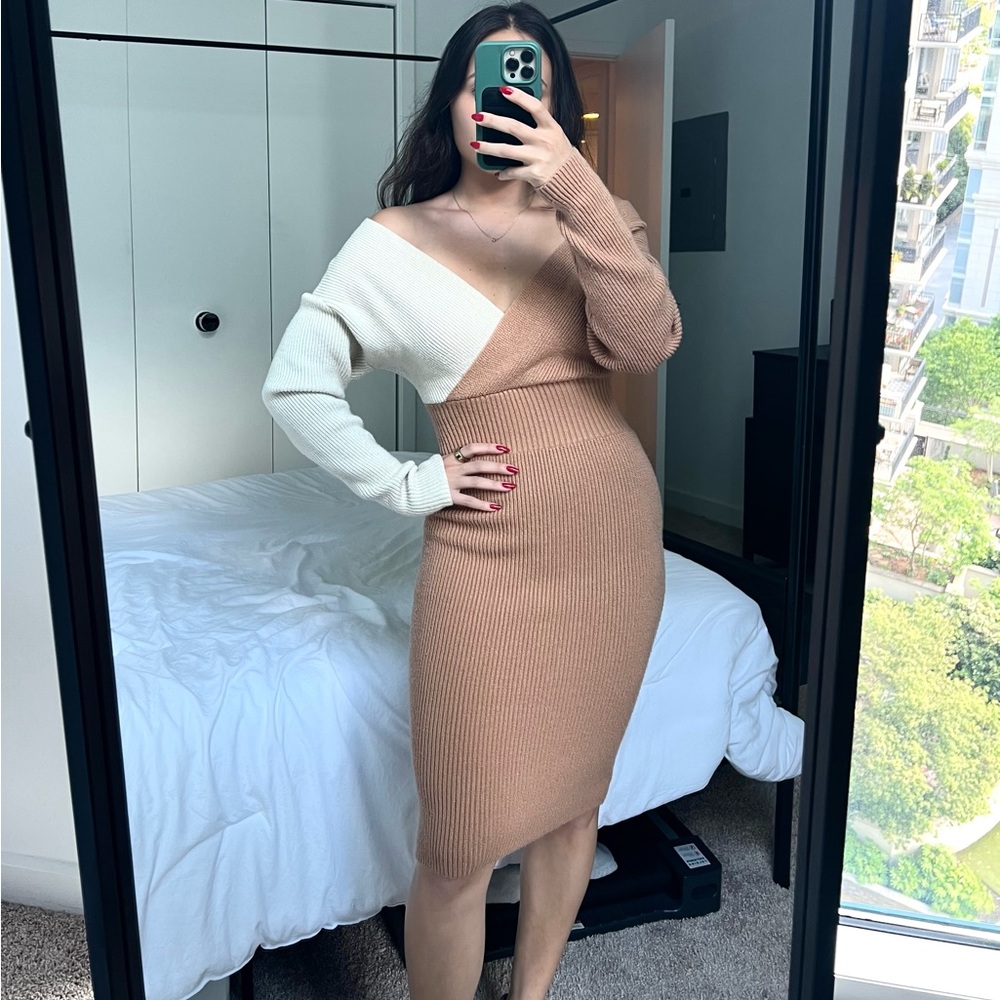 Express Ribbed Off-The-Shoulder Midi Sweater Dress